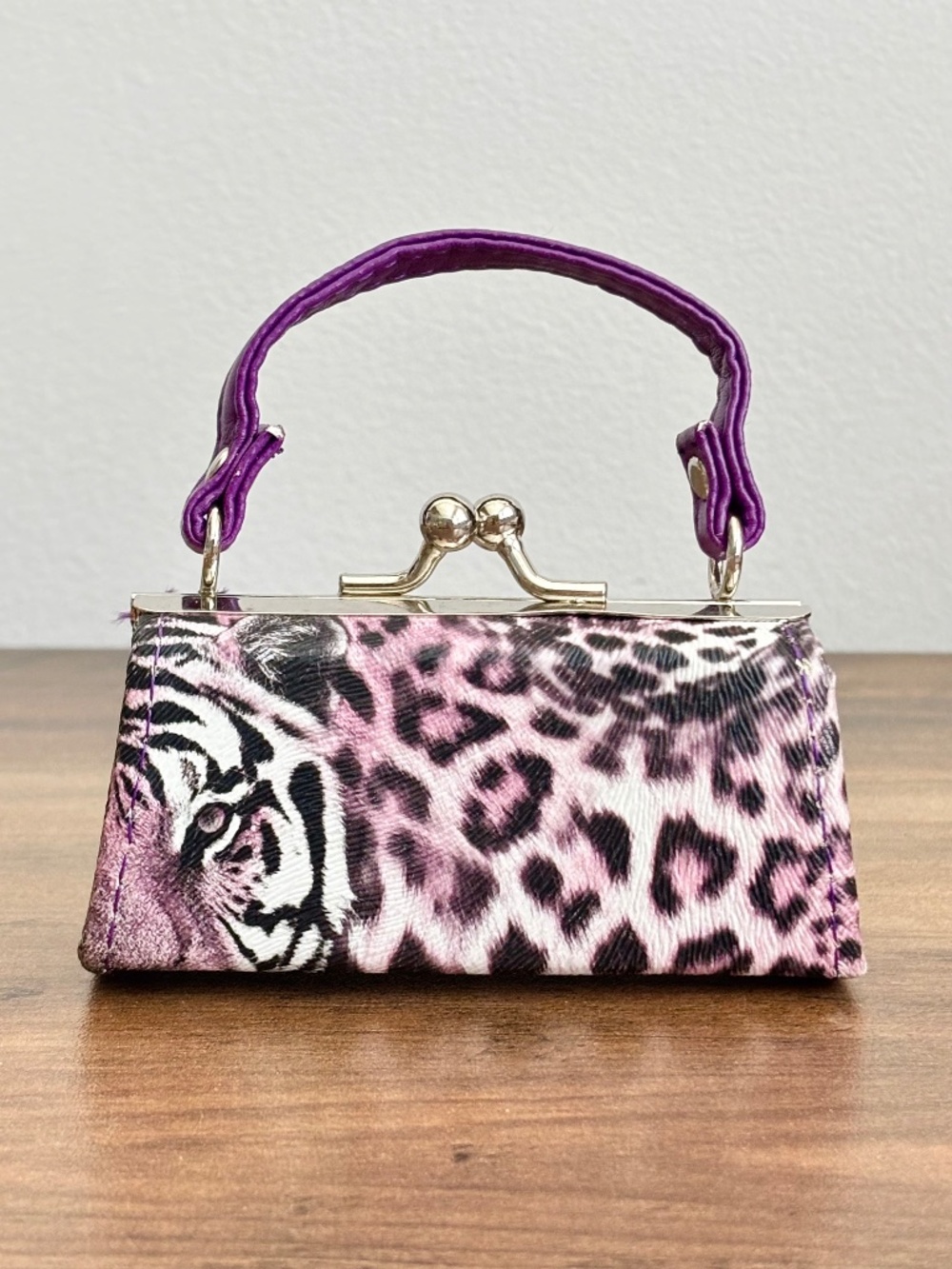 Miniature Coin Purse Tiger Animal Print Lipstick Case Purse Purple Clasp Lock